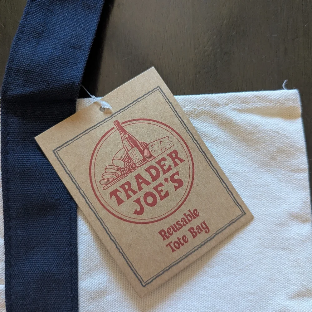 NWT Trader Joe's Blue Straps Large Canvas Tote Bag - Picture 2 of 3